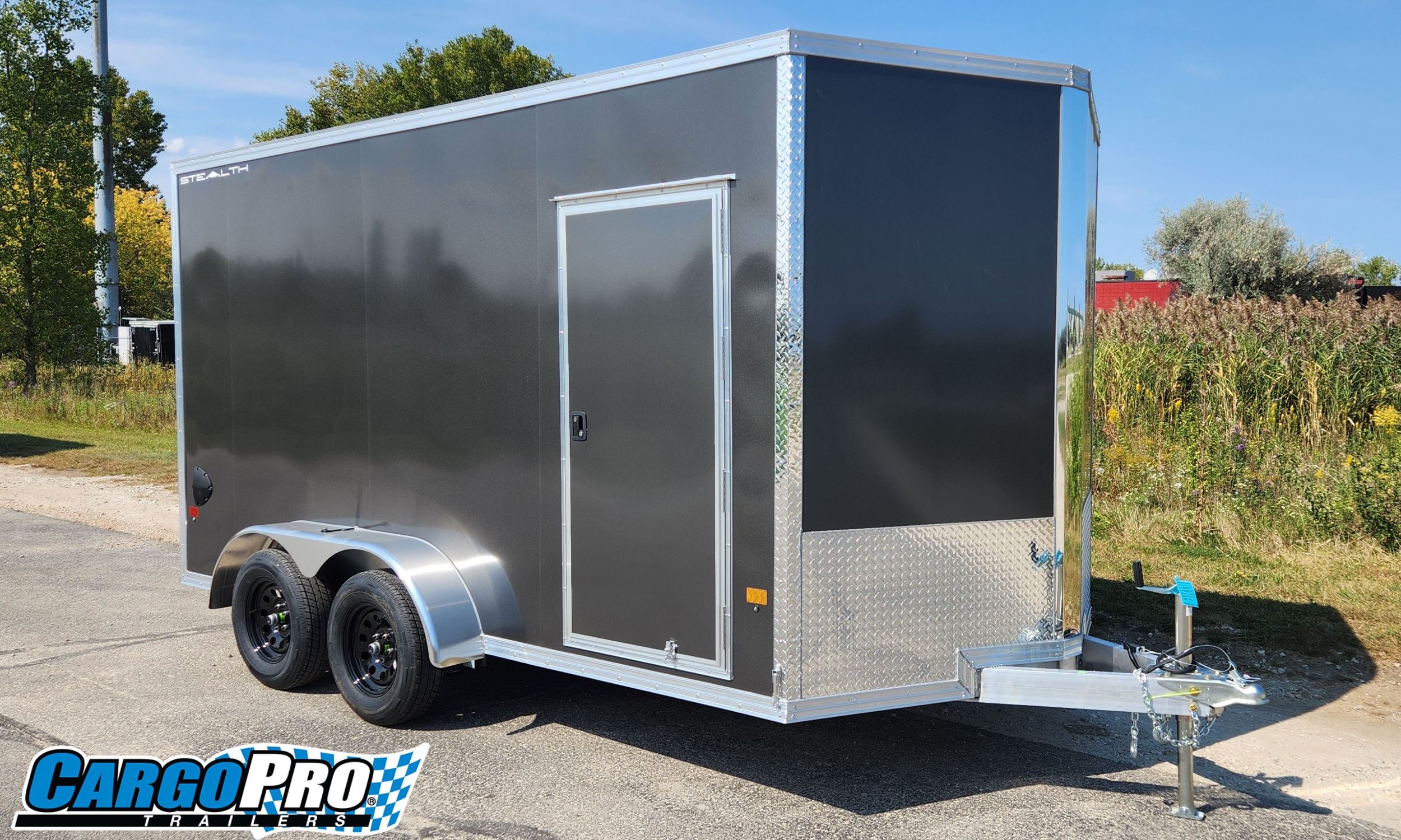 CargoPro Stealth 7x14 All Aluminum Tandem Axle Cargo Trailer with Ramp Door & 9" Extra Height- Charcoal